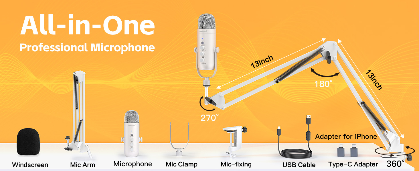 Zealsound USB мікрофон для подкастів, ПК, телефону – з шумозаглушенням, кнопкою вимкнення звуку, ехо-ефектом для вокалу, стрімінгу, геймінгу, YouTube. Сумісний з iPhone, Mac, PS5 (перламутрово-білий)