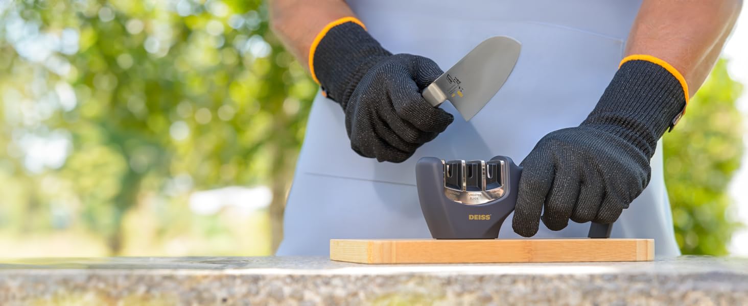 Deiss PRO 3-ступеневий точило для ножів кухонних та кишенькових - професійний точило для ножів шеф-кухаря, мисливських та керамічних - безпечне відновлення та полірування гострих лез (ORANGE)