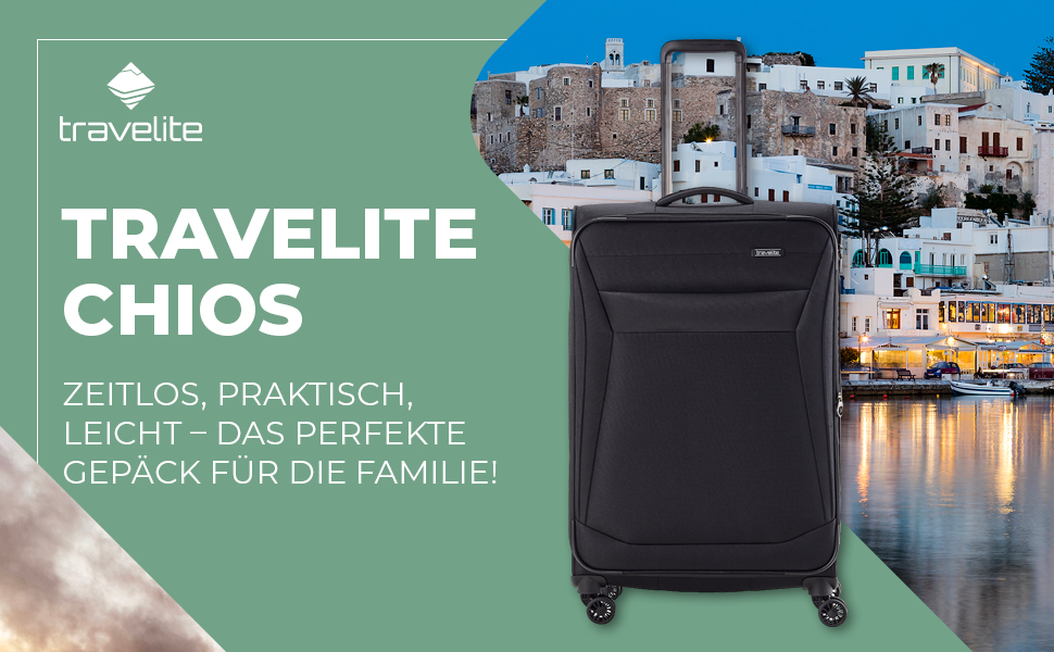 Чемодан Travelite Chios L, 78 см, 90-97 л, чорний: м'яка оболонка, захист кутів, розширюваний