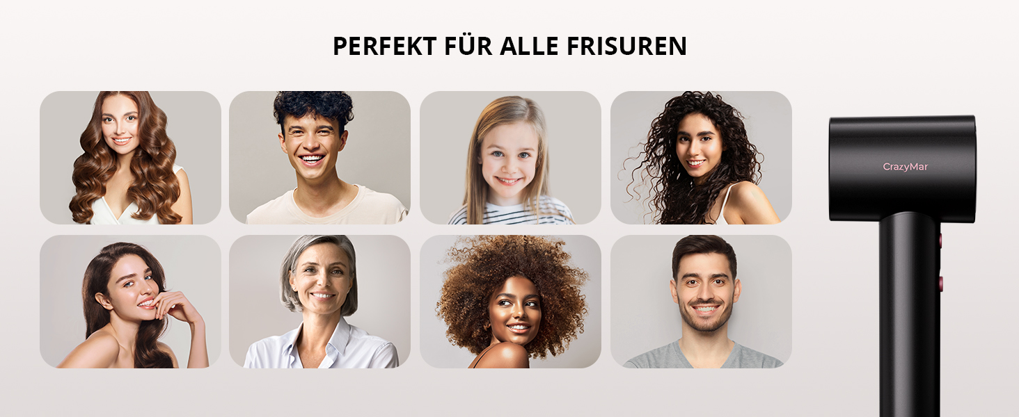 Іонізатор для волосся CrazyMar – фен з потужним мотором 180 000 об/хв, швидка сушка, компактний, для подорожей, створення локонів, 4 температурні режими, захист від перегріву, тиха робота, чорний