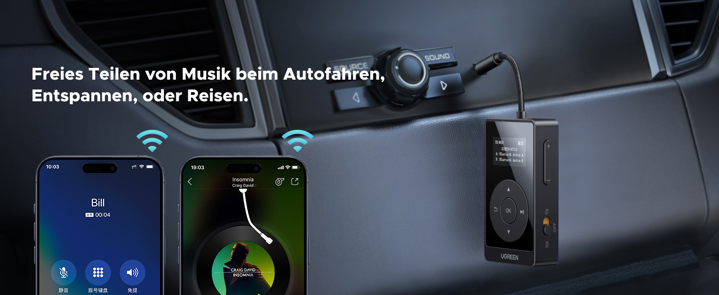 Bluetooth адаптер 2-в-1 UGREEN aptX: трансмітер та ресивер, версія 5.3