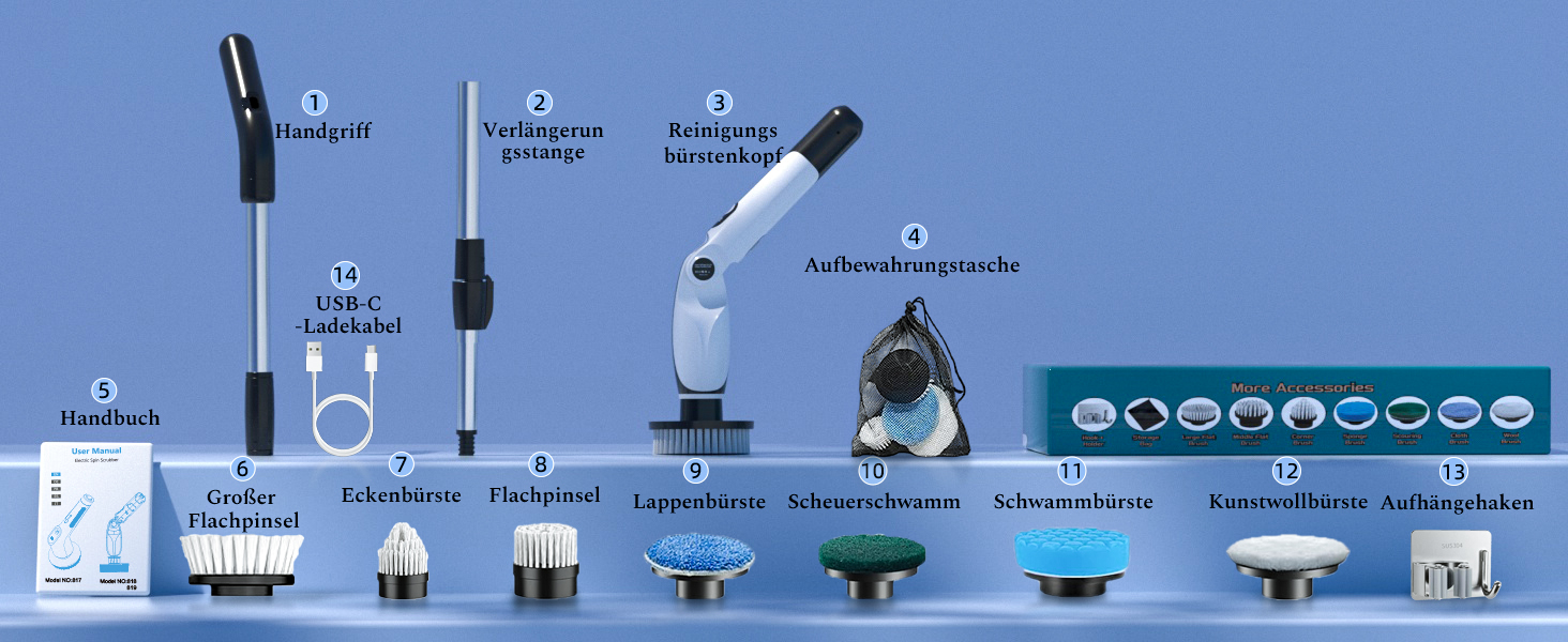 Електрична щітка для прибирання: 7 насадок, 3 довжини, 90 хв роботи, 2 режими швидкості для ванної, кухні, авто