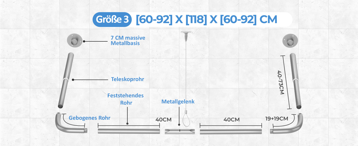 Регульована душова штанга U-подібної/L-подібної форми, 60-92 x 78-196 x 60-92 см, з 12 кільцями для шторки та підпоркою для стелі, для ванни/ванної кімнати, срібна