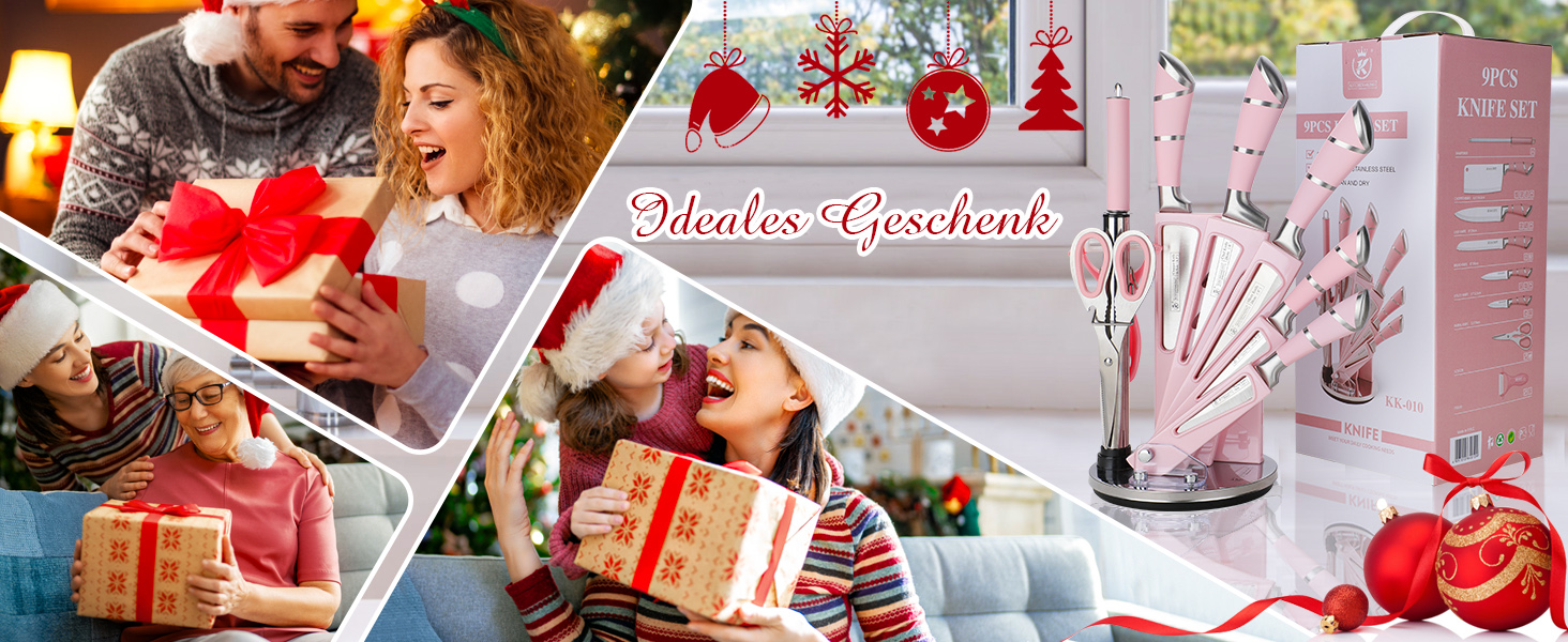 Набір кухонних ножів Justup 9шт з обертовим блоком, рожевий. Набір ножів з нержавіючої сталі з антипригарним покриттям, з точилкою для кухні.