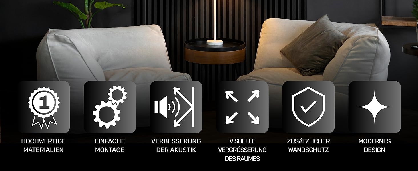 Акустичні настінні панелі SPAZIO Anthrazit 693, 260x54 см (набір 2 шт. 260x27 см), оббивка на фетрі для звукоізоляції