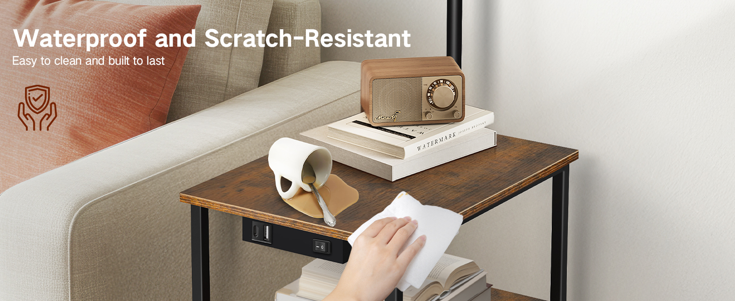 Стійка лампа для вітальні з поличкою та столом, регульована LED лампа з пультом, 3 колірні температури, приліжний столик з функцією зарядки та полицею, дерев'яний столик для спальні, офісу, коричневий в стилі рустік