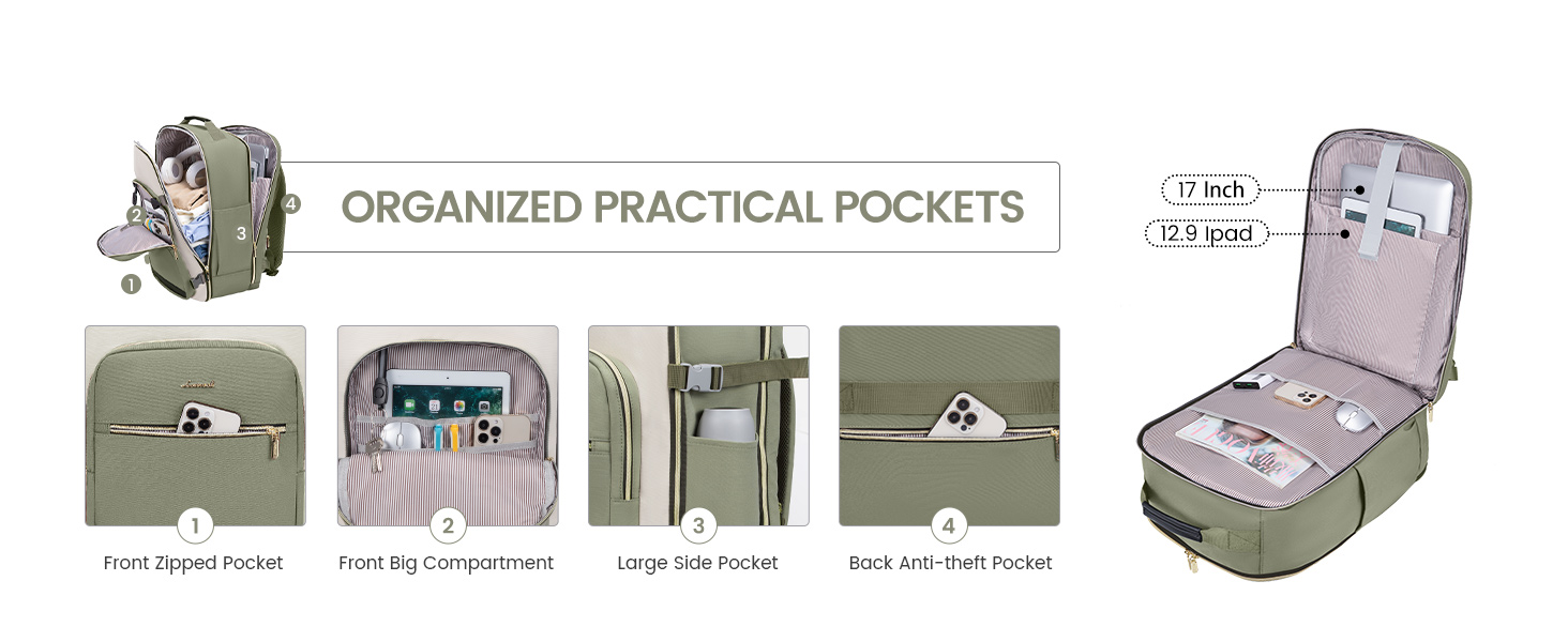 Рюкзак LOVEVOOK для ручної поклажі літака, 40L, водонепроникний, з відділенням для ноутбука 17 дюймів, для подорожей, школи, роботи, кемпінгу (зелений + бежевий + чорна шкіра)