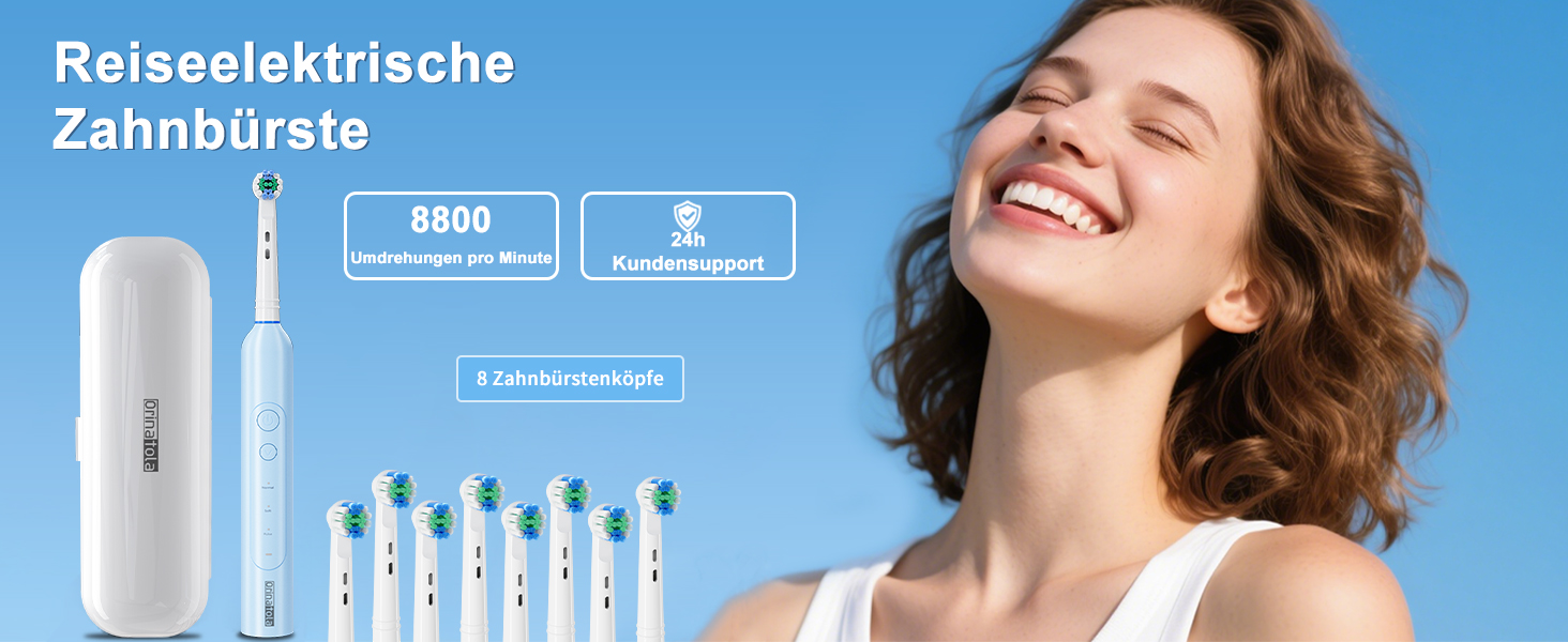 Електрична зубна щітка для дорослих Rotierende з 8 насадками, 3 режимами чищення, акумулятором на 50 днів та Smart-таймером 2 хв - Чорна