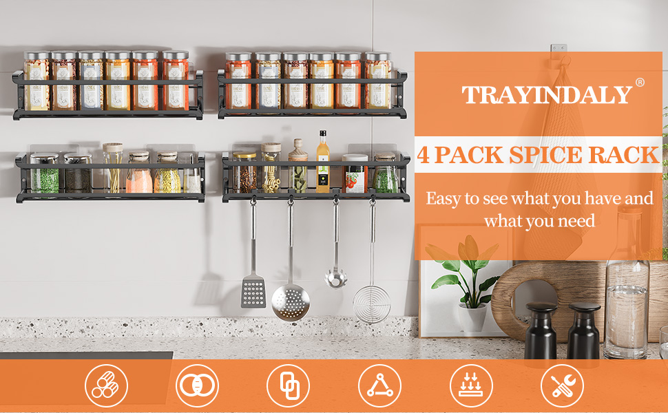 Стильна підставка для спецій на 4 відділення з металу, чорна, самоклеюча, без свердління, для кухонної шафи та дверей