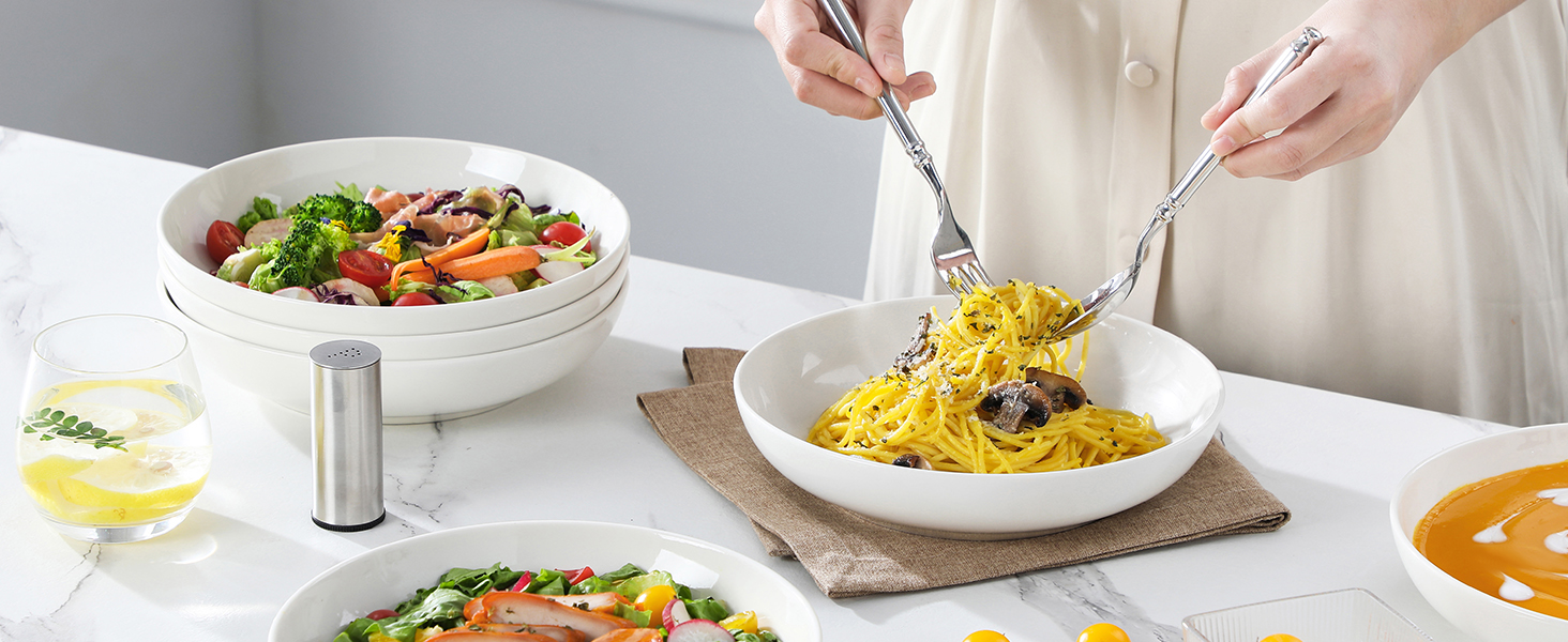 Набір посуду MALACASA, 6 предметів: тарілки для пасти, супу, салату, сервірування. Білий порцелан, 1250 мл