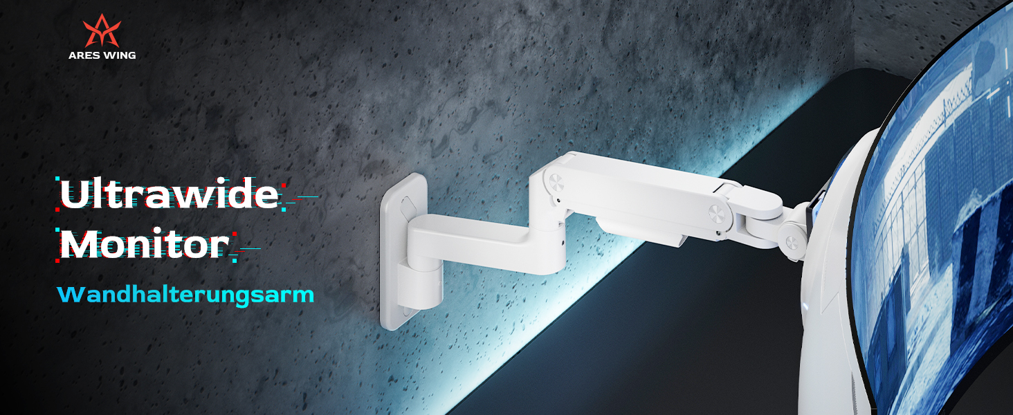 Настінний кронштейн для монітора ARES WING для Ultra Wide екранів 17-49 дюймів, газліфт, навантаження до 20 кг, VESA 75/100, білий