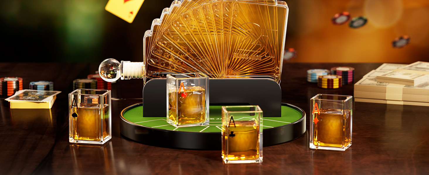 Набір для віскі Kollea Blackjack: Декантер 37,2 Oz та 4 келихи, стиль Казино, подарунок для чоловіків