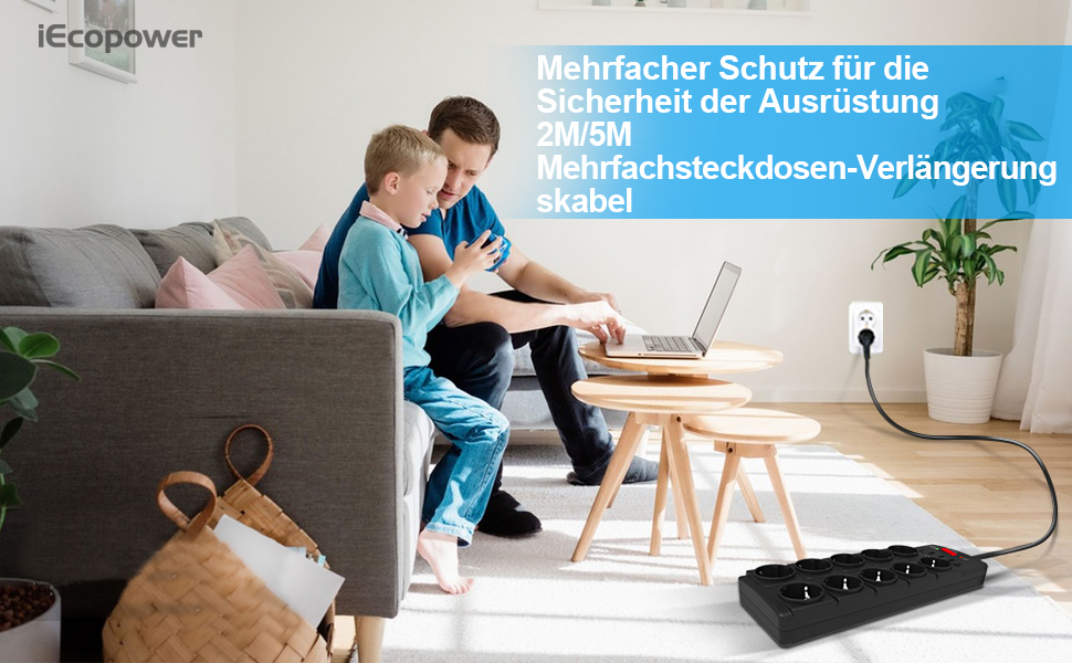 Многорозетка IECOPOWER з USB (PD 20W), захистом від перенапруги, 4000W/16A, 1050 Дж, 2 м, з вимикачем, чорна