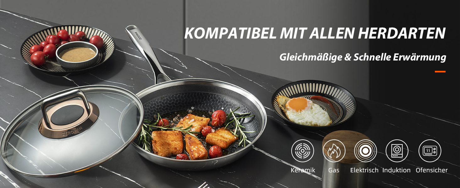 Сковорода з кришкою 26 см, антипригарне покриття Hybrid, холодна ручка, безпечна для миття в посудомийній машині, без PFAS, PFOA та PTFE, можна використовувати в духовці до 260 °C, сумісна з усіма типами плит WQ