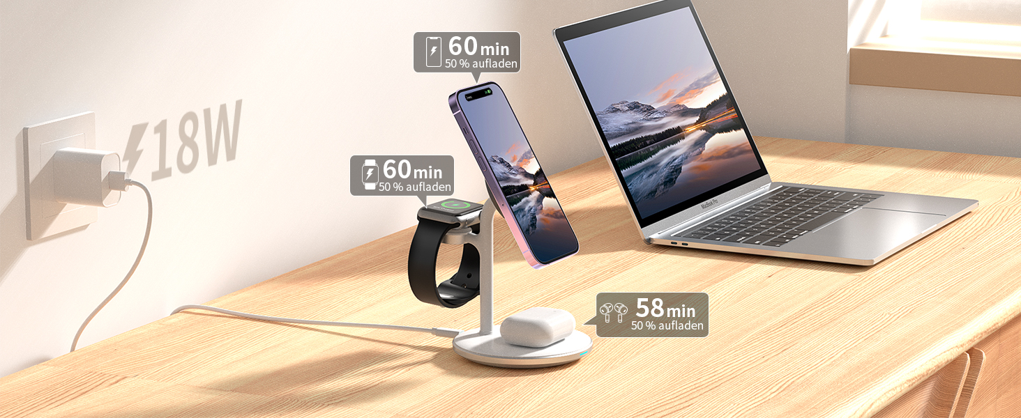 3-в-1 індукційна зарядка для декількох пристроїв, 15W MagSafe зарядка для iPhone 15/14, MagSafe зарядний пристрій для iWatch Ultra 2/1/Series 9/8, AirPods, білий колір