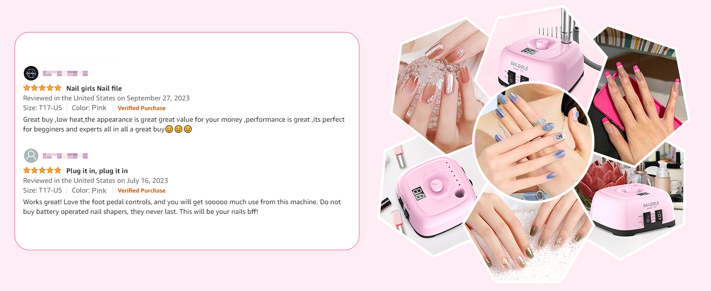 Електричний фрезер для нігтів Nailgirls 11 в 1 з педаллю, 35000 об/хв, для гель-лаку, манікюру та педикюру (Рожевий)