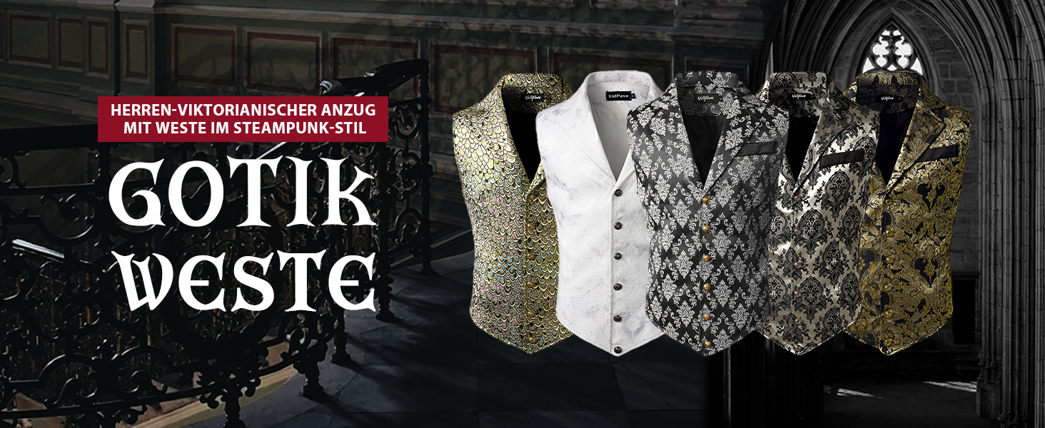 Чоловічий вікторіанський костюмний жилет VATPAVE у стилі стимпанк, готика, чорний