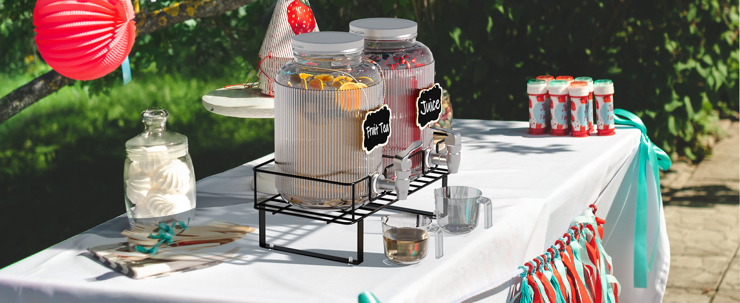 2 шт. скляні диспенсери для напоїв на 4 л з краном, металевий стійка та мірний стакан, для соку/коктейлів/трав'яного чаю, диспенсер для соку на вечірки та весілля