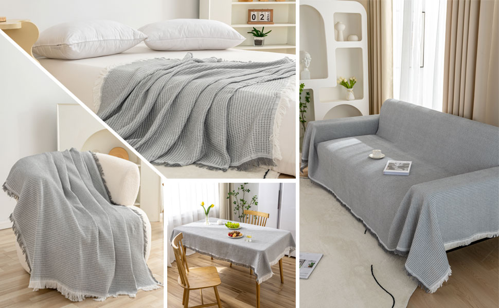 LHGOGO Waffle Throw Blanket 180x300cm Large 3-Seater Sofa Throw Versatile Living Room Blanket as Sofa Throw, Couch Cover, Sofa Cover, and Bedspread with Decorative Tassels - Light Grey