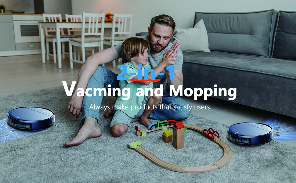 Робот-пилосос та миючий робот 2-в-1 з Wi-Fi, керуванням через додаток та пультом, потужне всмоктування, контейнер для пилу та бак для води, самостійна зарядка, ідеальний для шерсті тварин та твердих підлог, блакитний