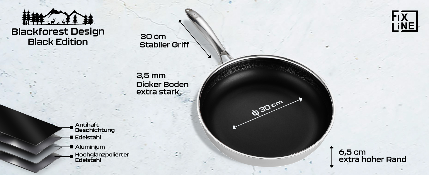 FIXLINE Black Forest Frying Pan 28cm - RED Design - Scratch-Resistant PTFE-Free Coating - Compatible with All Cooktops (including Induction) - Oven Safe up to 250°C - Easy Cleaning - Ideal Gift
