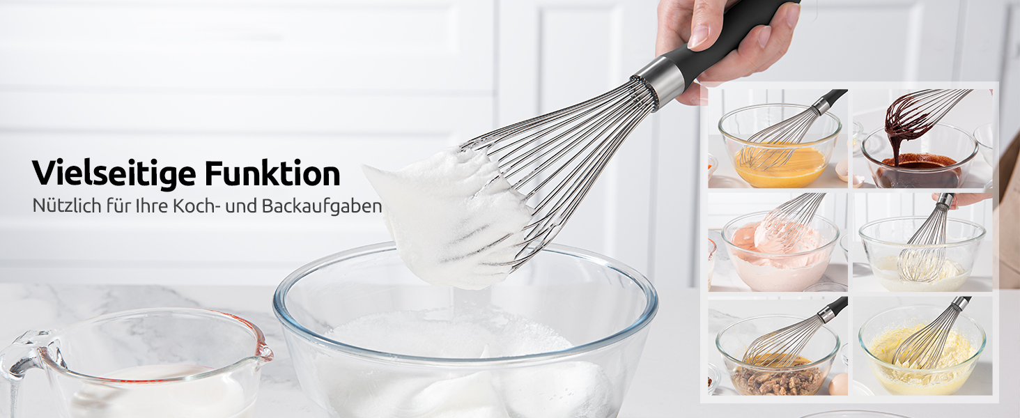 Міксер кухонний U-Taste, 30 см, з нержавіючої сталі 18/10, 12 гнучких дротів, силіконовий ручка, для тіста та соусів (Чорний)