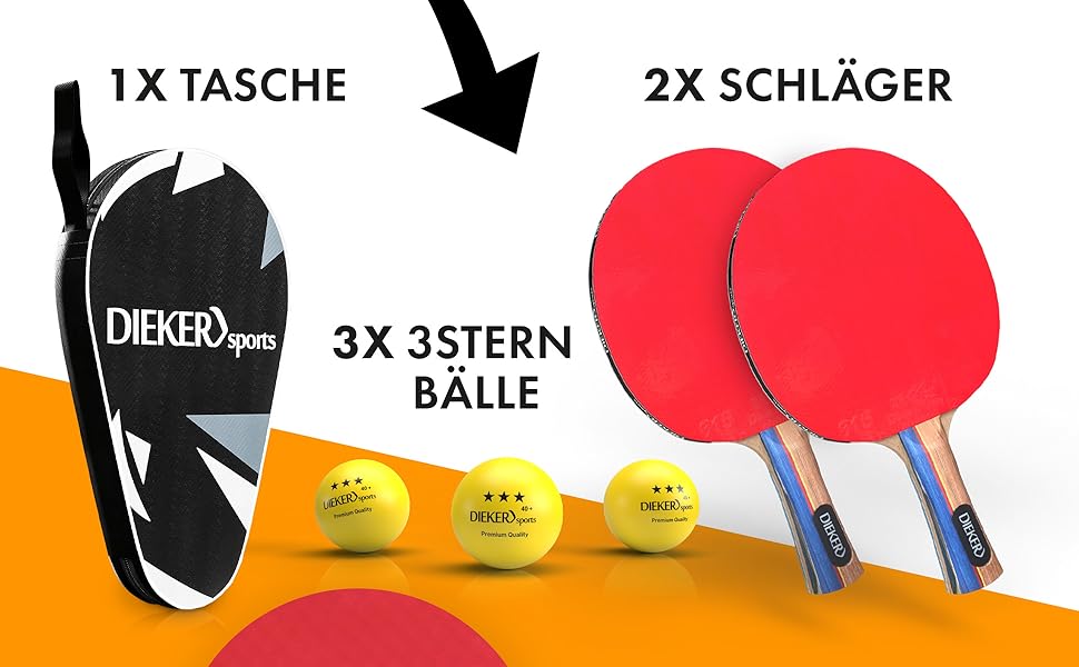 Набір для пінг-понгу DIEKER | 2 ракетки, 3 преміум м'ячі, міцна сумка | Для всієї родини, чорний