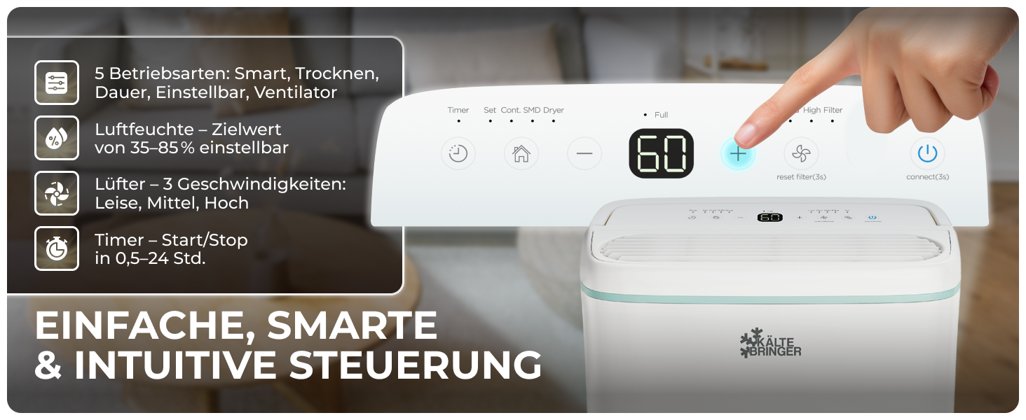 Зволожувач повітря Kältebringer з LED дисплеєм, Wi-Fi та додатком - тихий та енергоефективний - проти вологи та плісняви (10л)