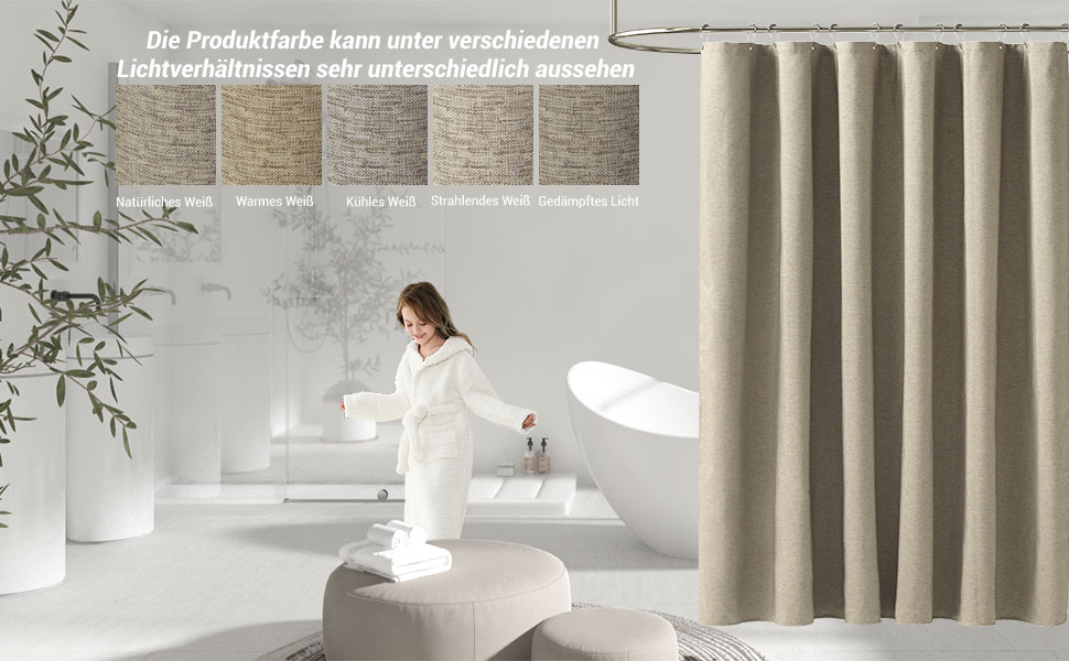 Тканинна шторка для душу BTTN, 180x200 см, льонова текстура, антигрибкова, пральна, текстильна, з 12 гачками, сучасна, водонепроникна, з обтяжувачем, декор з поліестеру, кремовий (хакі, однотонна, H200 x B180 см (1 шт))