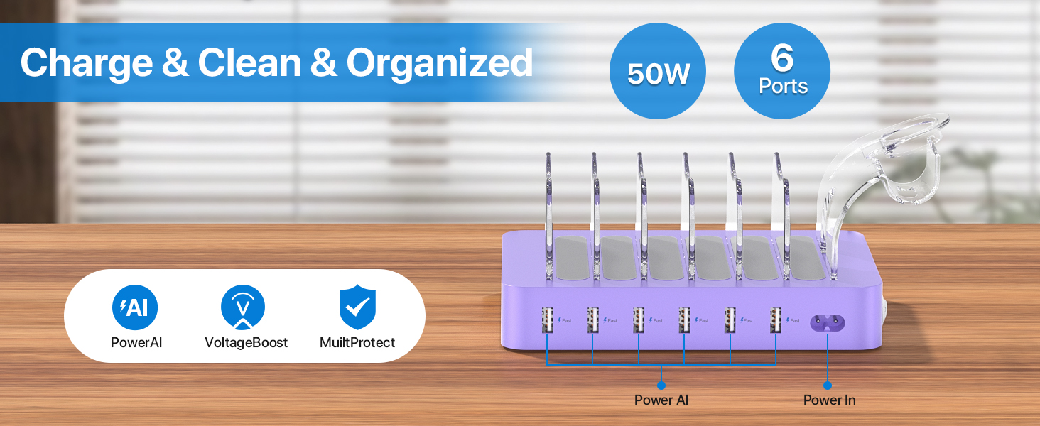 Зарядна станція SooPii USB з органайзером на 6 портів 50W, біла. В комплекті 6 кабелів та тримач для iWatch