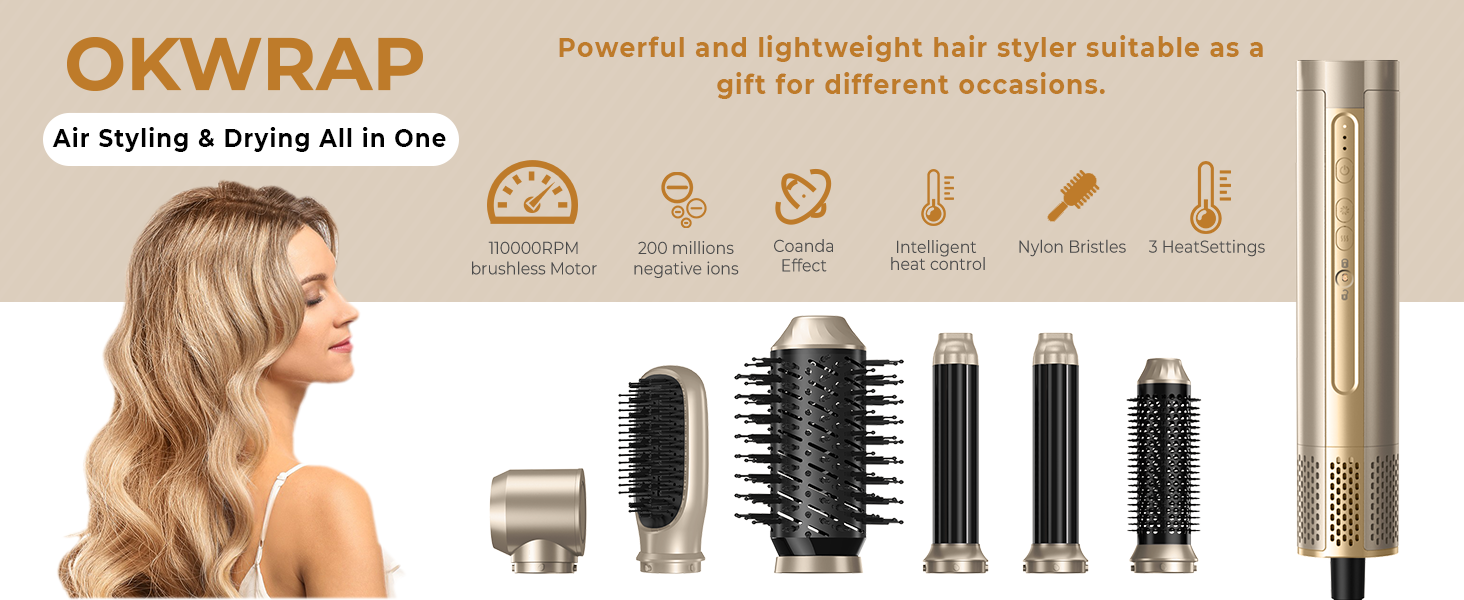 Набір для укладки волосся 6 в 1: стайлер, фен-щітка, плойка, термощітка, випрямляч, 110000 об/хв, для всіх типів волосся, золото