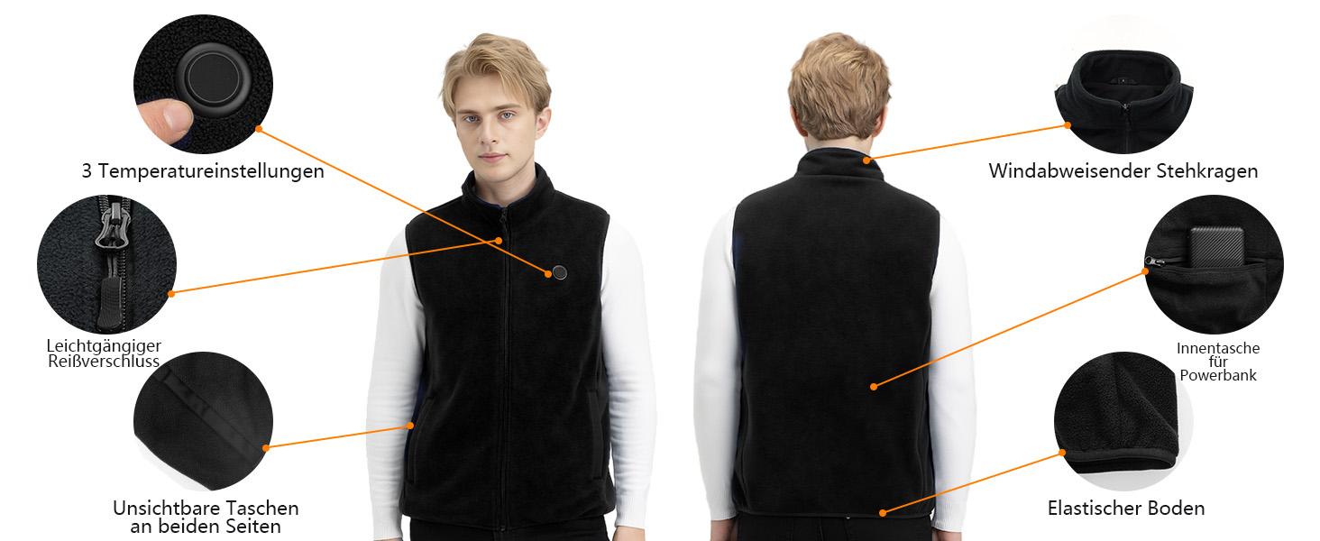 Обогревна жилетка з флісу для чоловіків з акумулятором 5V 10000mAh - жилетка з 3 рівнями нагріву, 5 зонами обігріву, ідеальна для роботи на відкритому повітрі, катання на лижах, піших прогулянок та щоденних поїздок. Чорний, XXL