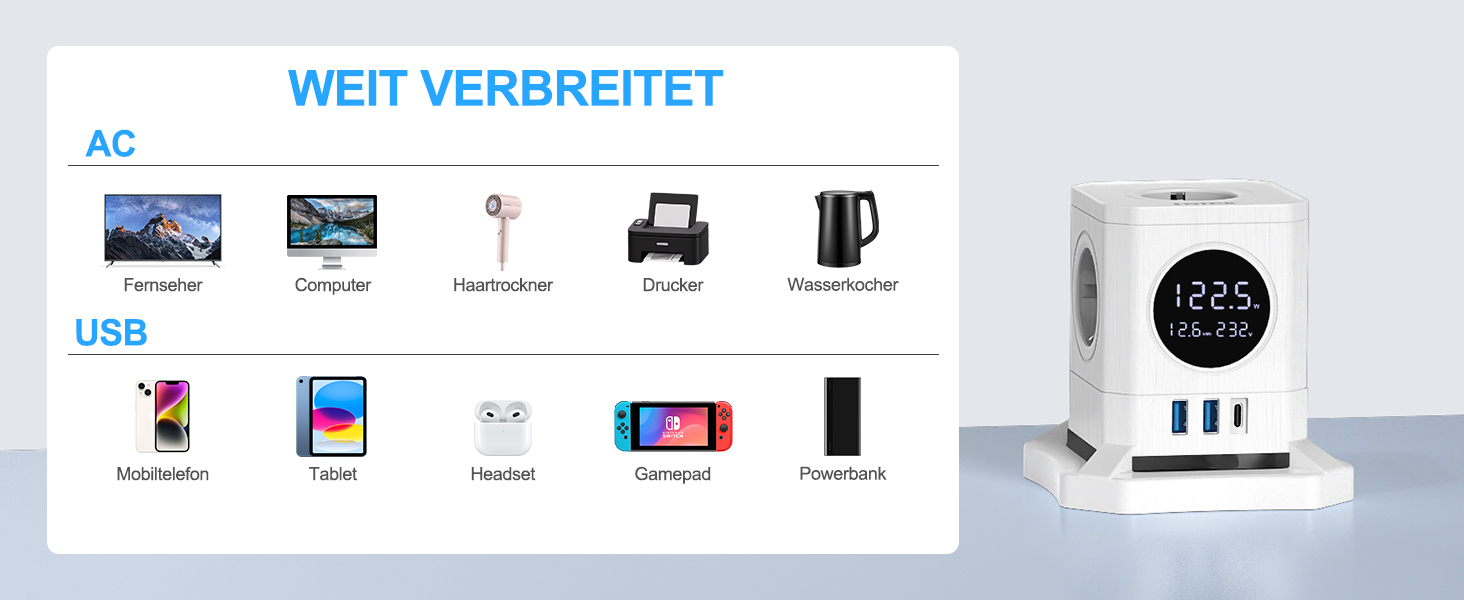 Багатофункціональний USB-хаб FDTEK з 1 USB-C та 2 USB-A, 7 розеток, LCD-дисплей, 1.8м кабель, 2500W/10A, білий