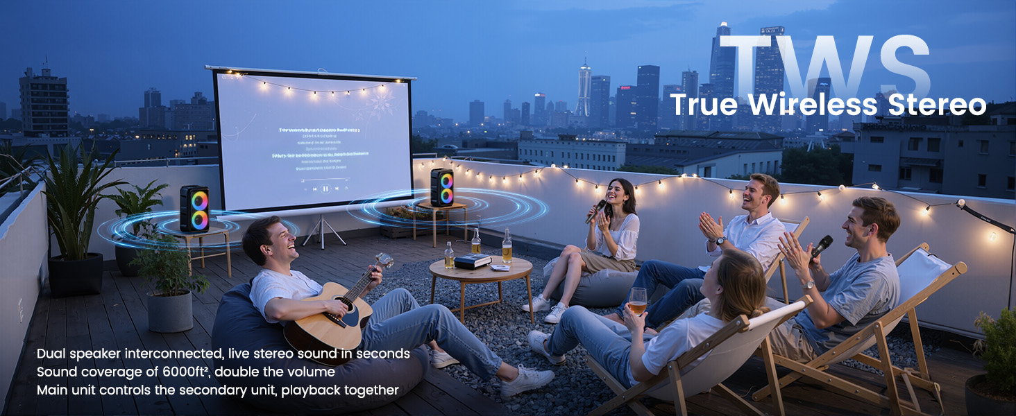 Караоке машина з 2 бездротовими мікрофонами Bluetooth 2x10W – портативна колонка з TWS/AUX/USB/FM для TV, смартфону та планшету. Ідеально для вечірок, днів народження та подорожей (Mic2)