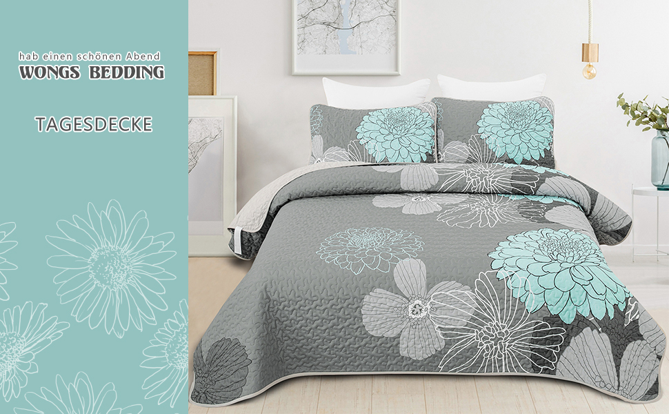 Покривало Tagesdecke WONGS BEDDING 220x240 см, зелене, квітковий дизайн, мікрофібра, комплект з 2 наволочками 48x75 см