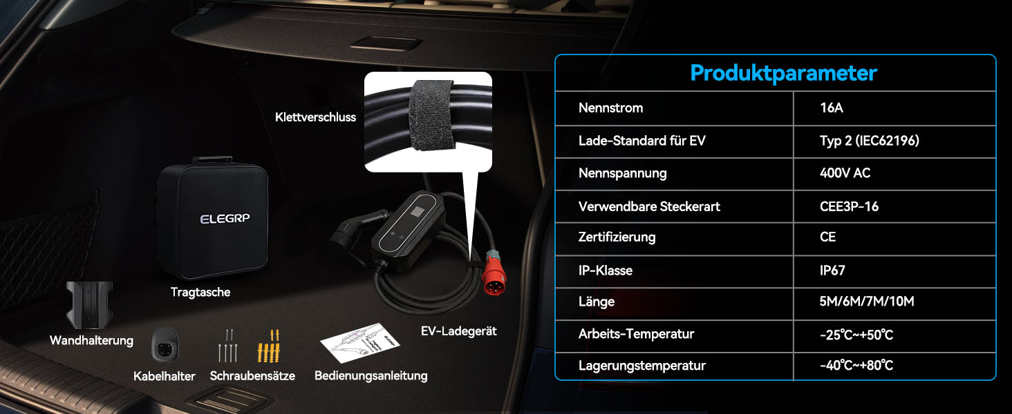 ELEGRP Wallbox 11 кВт мобільна зарядка для електромобілів Type 2, 3 фази, 6-16A, кабель 7м, IP67, IEC 62196-2