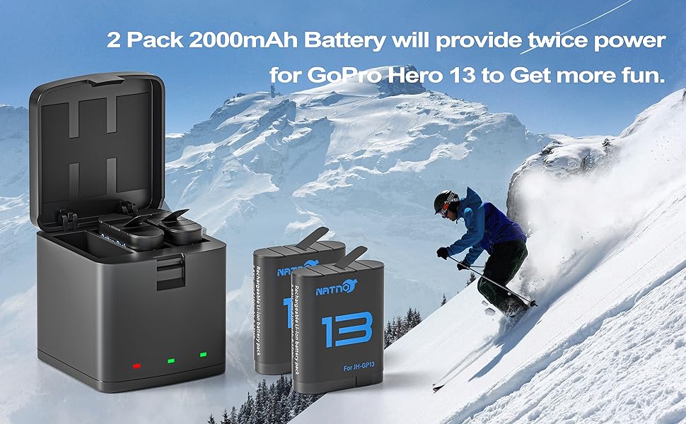 Акумулятор для GoPro Hero 13 (2 шт.) 2100mAh + Тризарядний USB-пристрій для зарядки - Сумісний з екшн-камерою Hero 13 Black