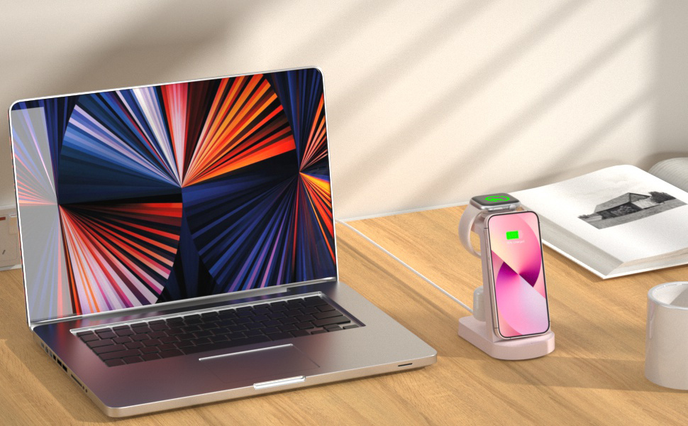 Бездротова зарядка 3 в 1 з адаптером 18W, сумісна з iPhone, Apple Watch, AirPods (Рожева)