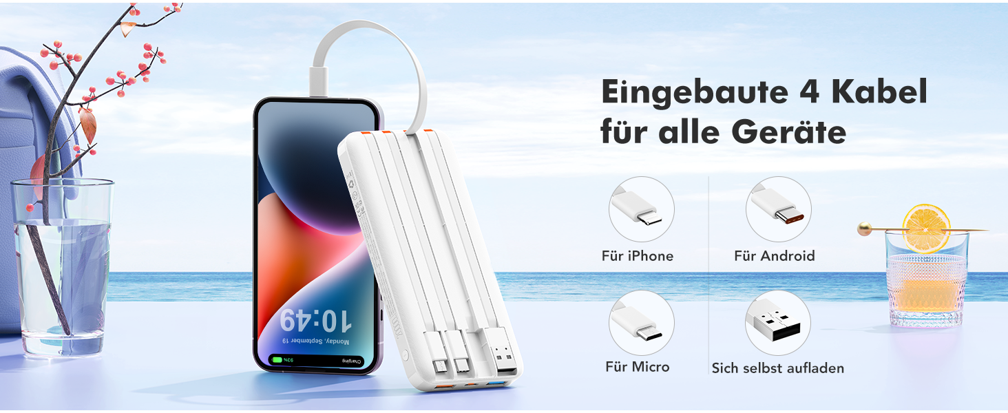 Power Bank Charmast 20000mAh з LED-дисплеєм та 4 кабелями (USB C PD3.0 QC4.0, 6 виходів) для iPhone, Samsung, Tablet