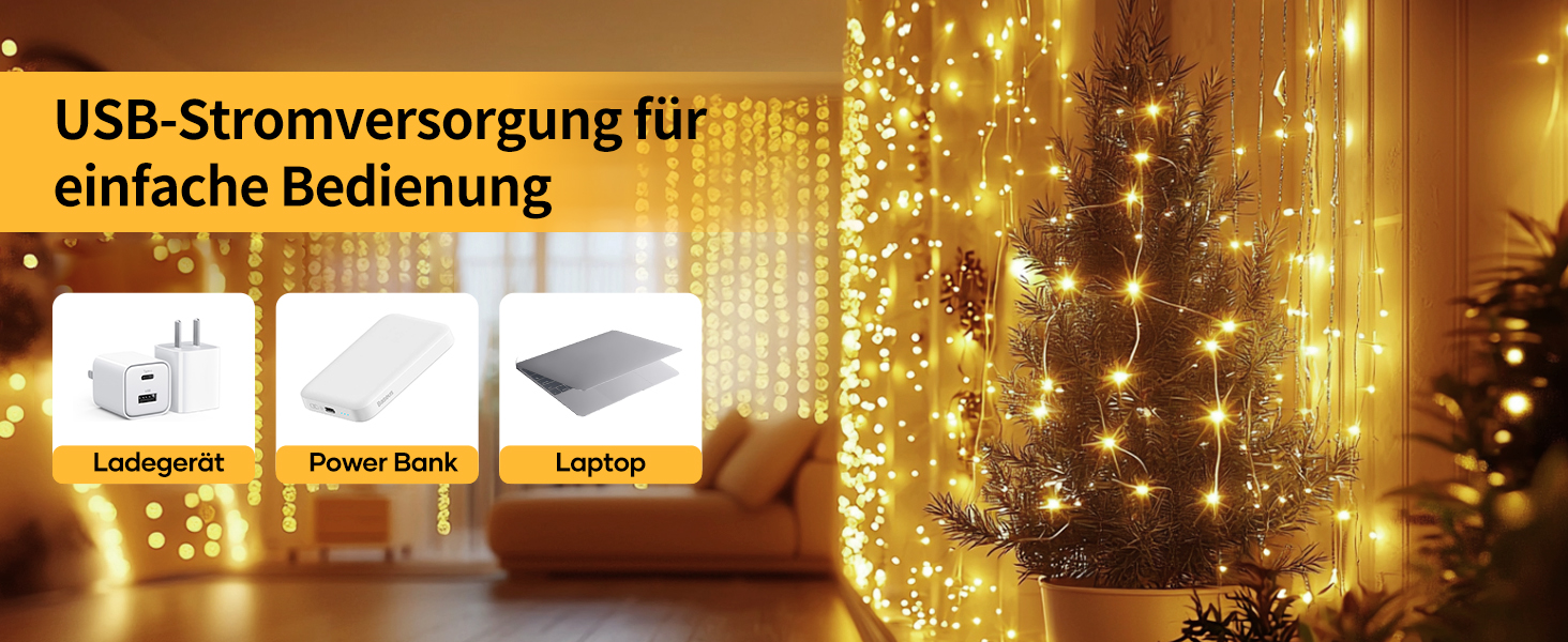 Лампочки-завіса USB Hoteril 3x3м, 300 LED, 8 режимів, пульт, таймер, IP65, для декору, вечірки, кімнати (тепле світло)