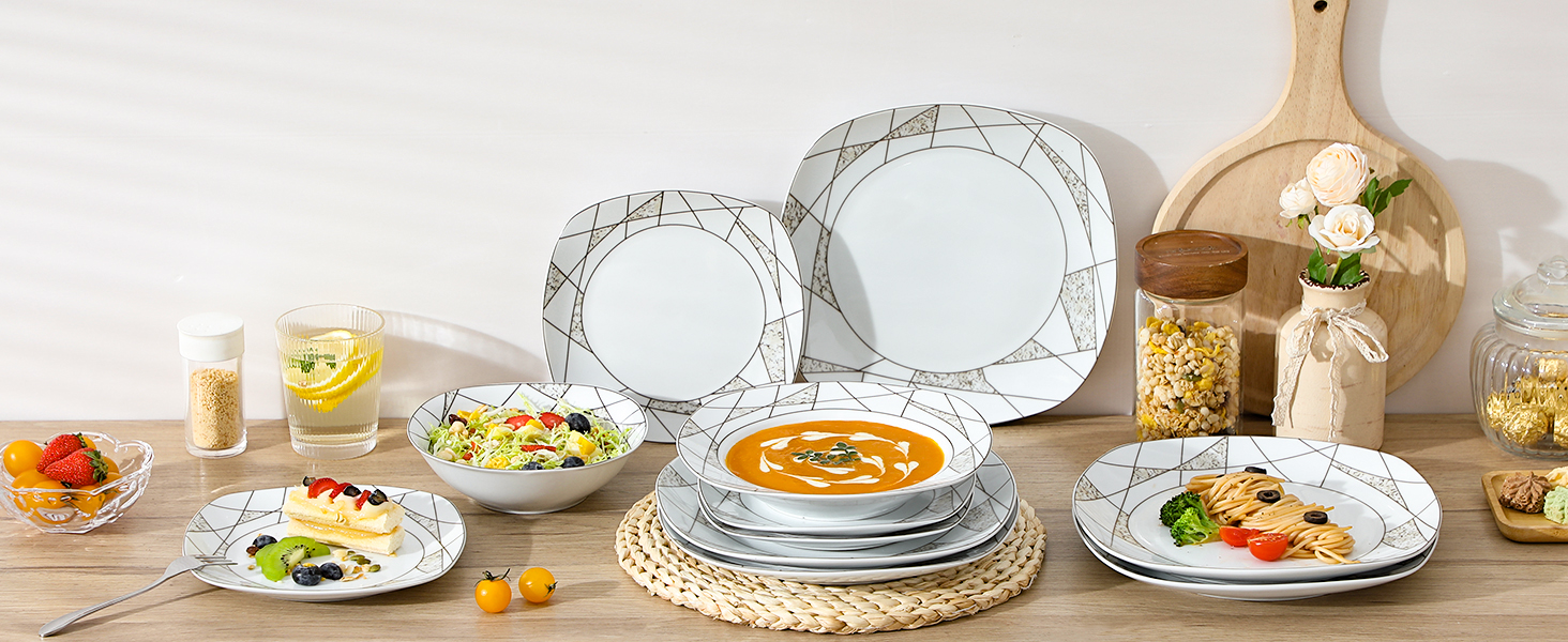 VEWEET Сервіз столовий 'Serena' з порцеляни, 24 елементи | 6 тарілок для сніданку, десерту, їжі та супу | Сервіз для 6 осіб, ресторану, сім'ї, білий