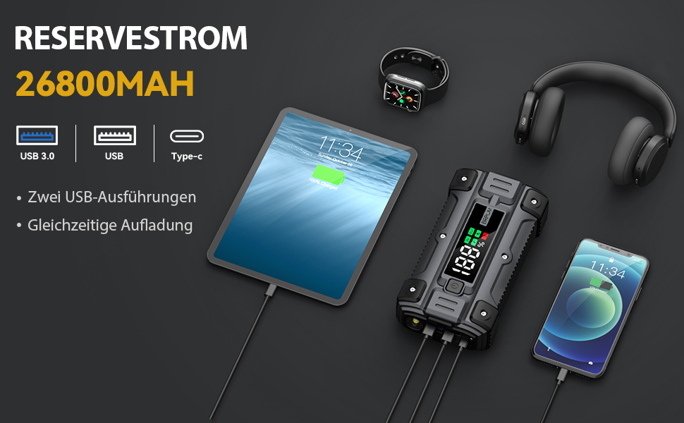 Powerbank для пуску двигуна BRPOM 6000A 12V: для авто, мото, газонокосарок. LED-ліхтар, великий екран, бустер для акумулятора