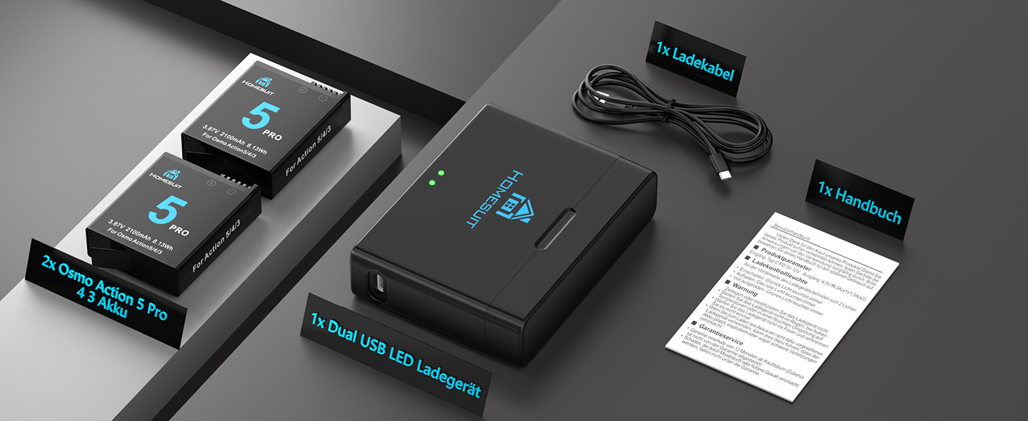 Набір акумуляторів та зарядного пристрою для DJI Osmo Action 4/3: 2x акумулятор 1800mAh + Dual USB LED зарядний пристрій