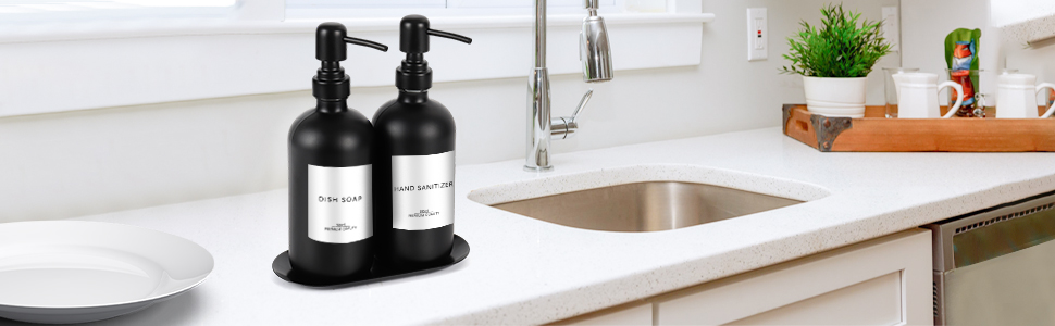 Набір дозаторів для мила Lannvan, скло, 500 мл, чорний матовий, для ванної кімнати та кухні, з підносом та етикетками