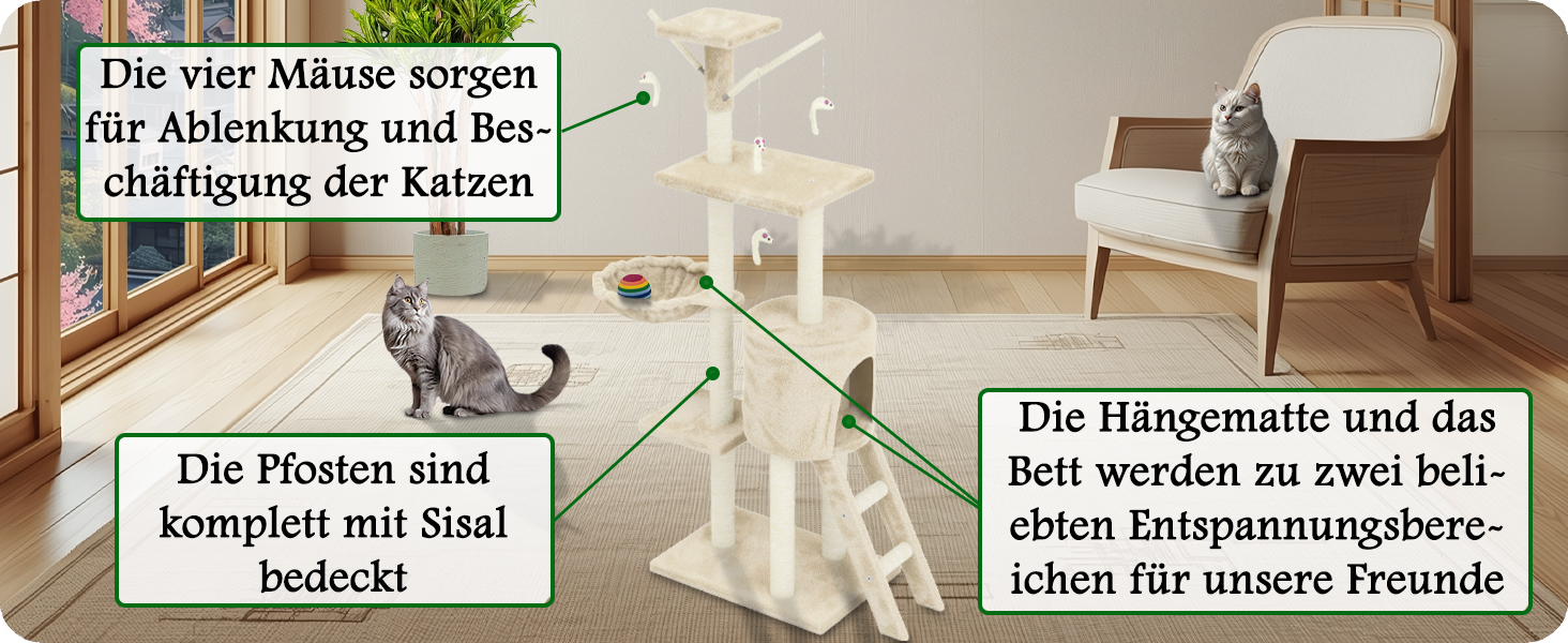 Дерев'яний кігтеточка для котів Beltom® Kratzbaum 140 см, ігровий комплекс, бежевий