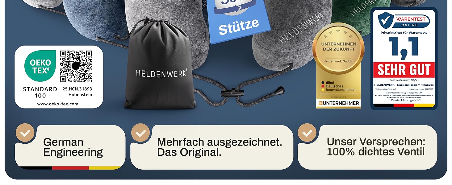 Подушка для шиї HELDENWERK® Air: 5 положень, швидка підкачка, регулювання тиску, знімний капюшон, для подорожей (літак, авто), темно-синій, великий розмір