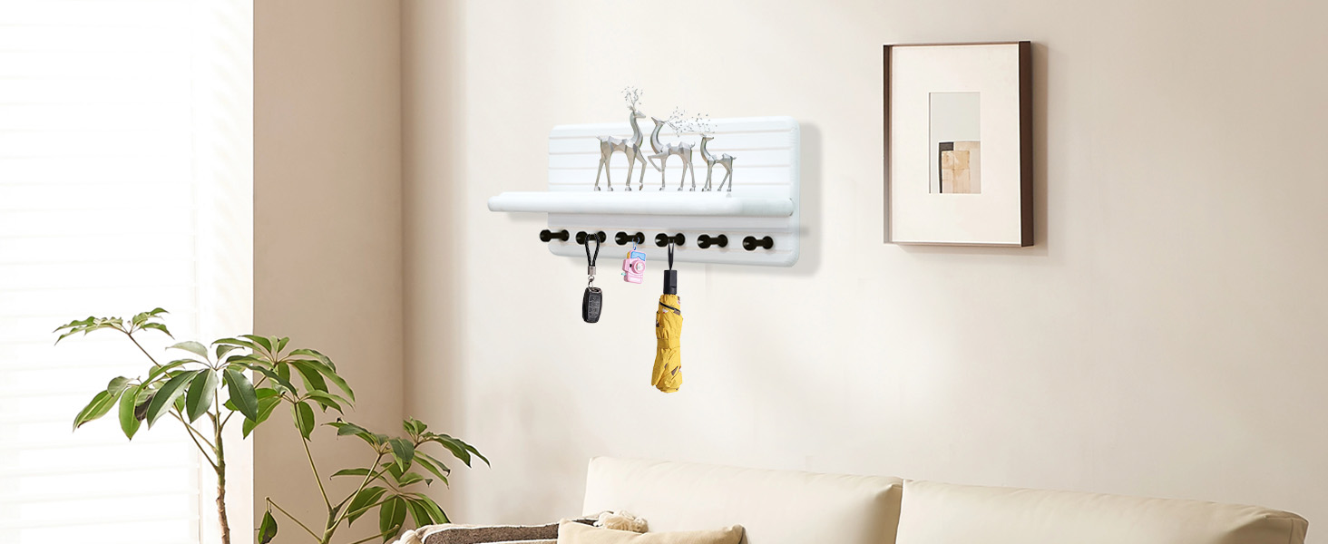 Дерев'яне ключниця з полицею та 6 гачками, ключниця на стіну для прихожого, коридору, кухні (білий)