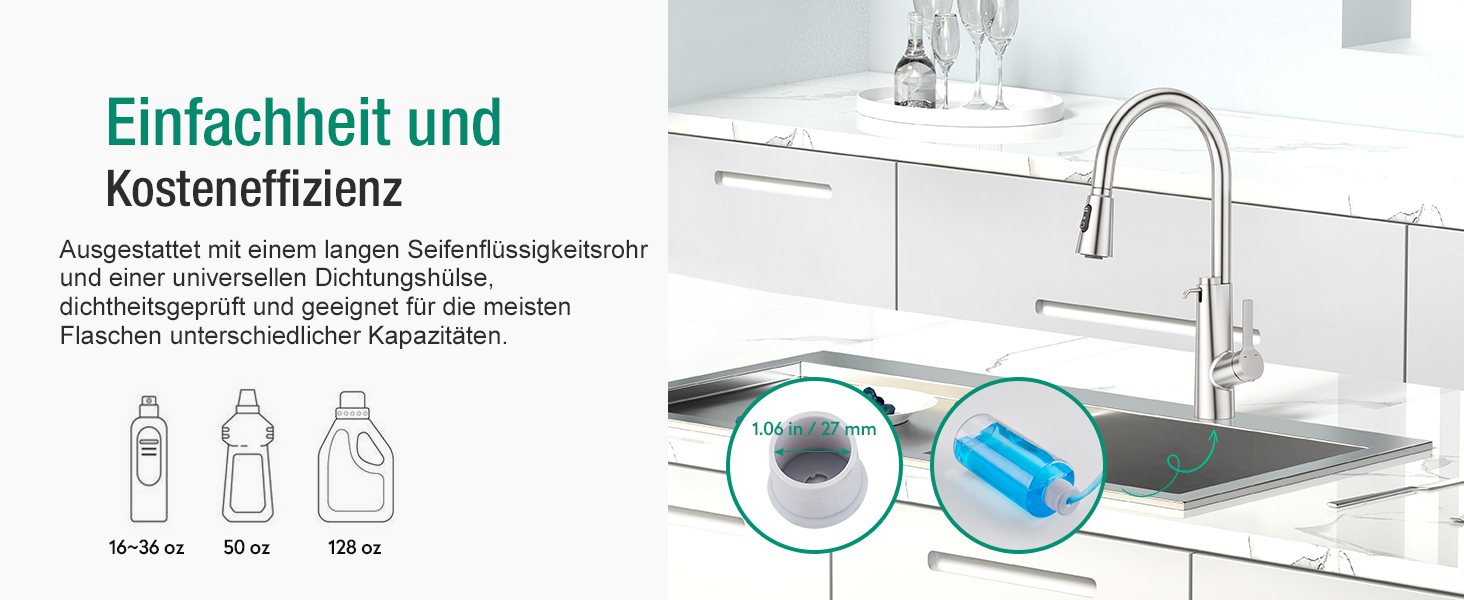 Кран кухонний CREA Wasserfall висувний з дозатором мила, нержавіюча сталь, 360° обертання, 4 режими, з душем