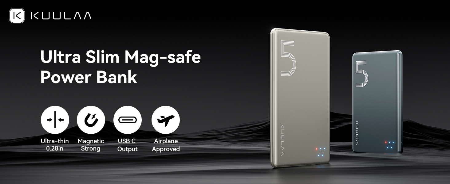 Power Bank Kuulaa Ultra Slim Magsafe, 5000mAh, Бездротова зарядка, Type-C, 20W, для iPhone 15/14/13/12 (Titanium)