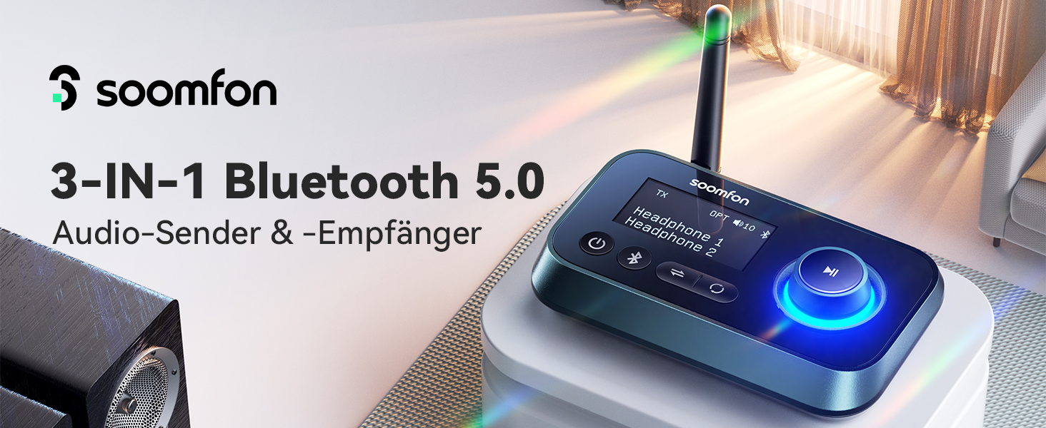 SOOMFON Bluetooth 5.0 Передавач-Приймач: Підключення 2 навушників до TV, PC, Stereo. Низька затримка, регулювання гучності, Aux/RCA/Оптичний